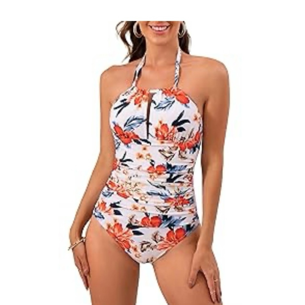 NWT Orange and Blue Floral One Piece Swimsuit with Halter Neck